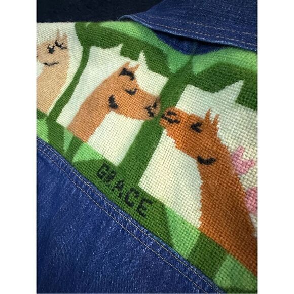 Vintage 1960s Slantzi Craft Selvedge Blue Jean Denim Needlepoint Jacket Womens L - Picture 10 of 13